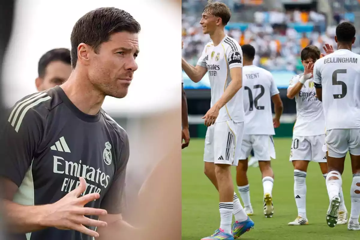 Entrenador del Real Madrid observando atentamente mientras jugadores del equipo celebran en el campo durante un partido