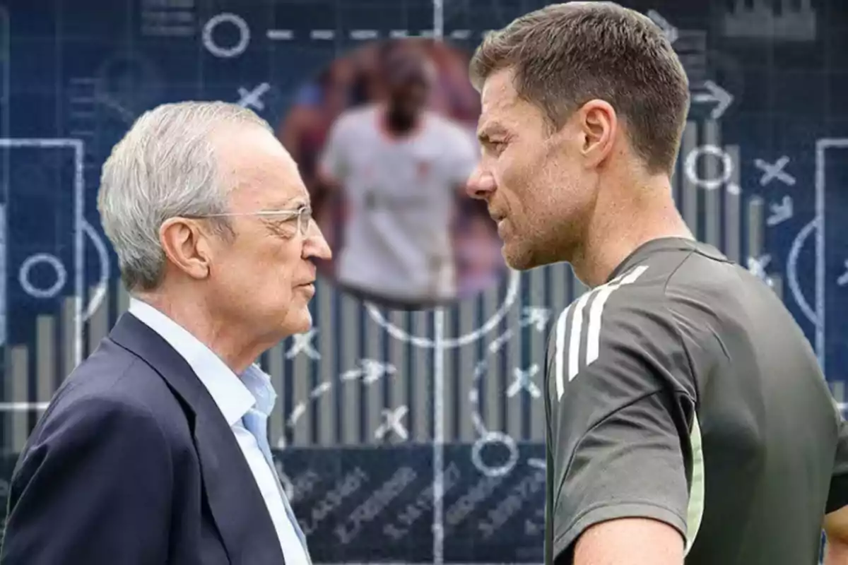 Two men face each other with serious expressions against a background of tactical football boards and a blurred player in the center.