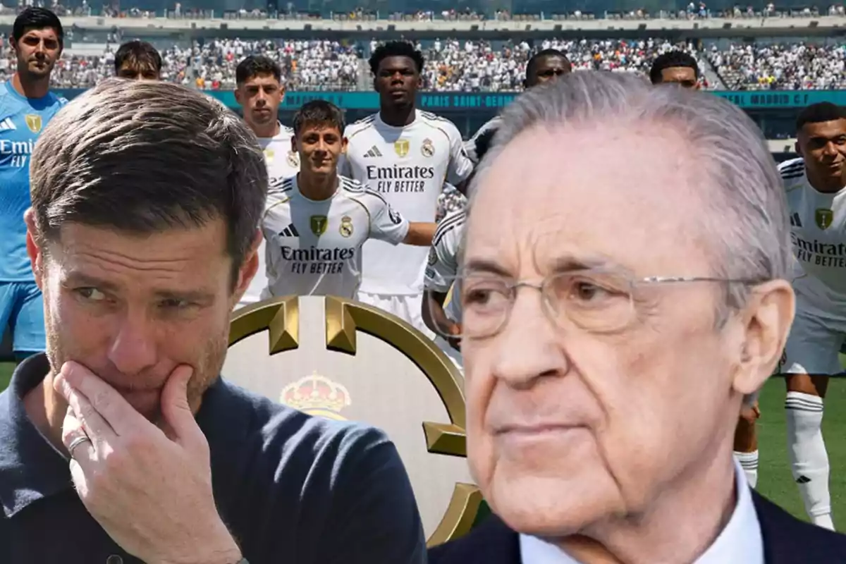 Two men in the foreground with serious and thoughtful expressions, in the background a group of Real Madrid players posing in the stadium.