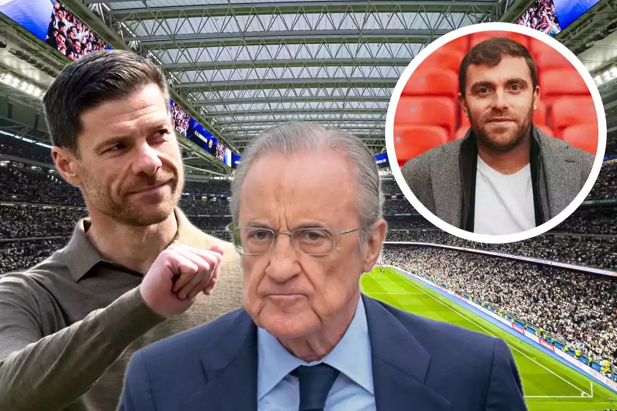 Tres hombres relacionados con el fútbol aparecen en un estadio lleno de aficionados uno de ellos está en primer plano con gesto serio otro a su lado parece saludar y el tercero aparece en un círculo sobre un fondo de gradas rojas