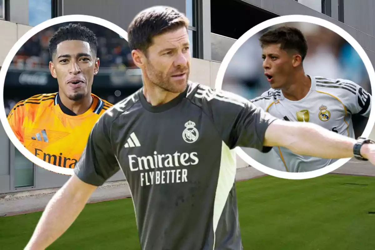 Entrenador del Real Madrid en primer plano con dos jugadores del equipo en el fondo dentro de círculos blancos