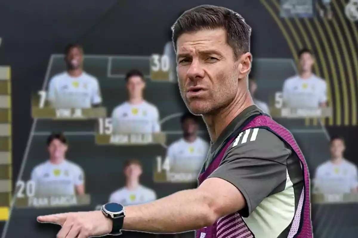Soccer coach pointing while a line-up of players is seen in the background on a blurry screen
