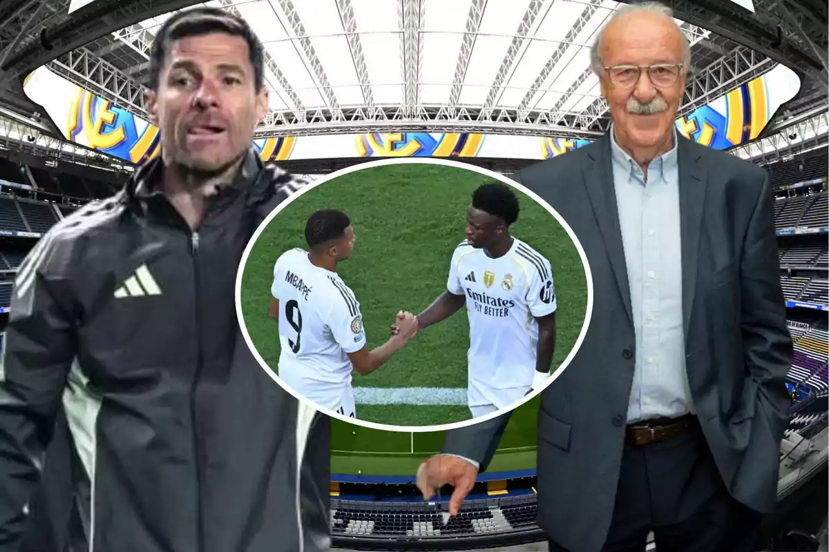 Two soccer coaches in a stadium with a central image of two Real Madrid players shaking hands on the field