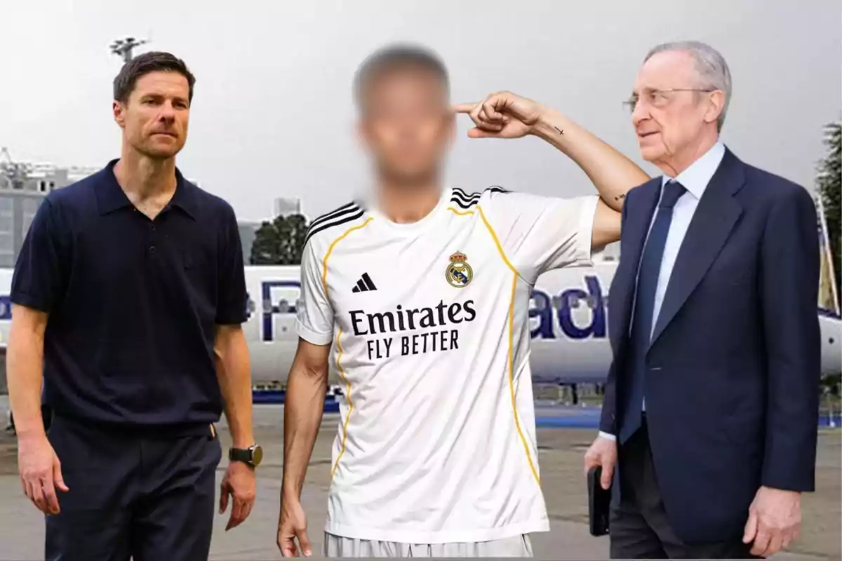 Three people pose in front of a plane, one of them wearing a Real Madrid jersey and their face is blurred.