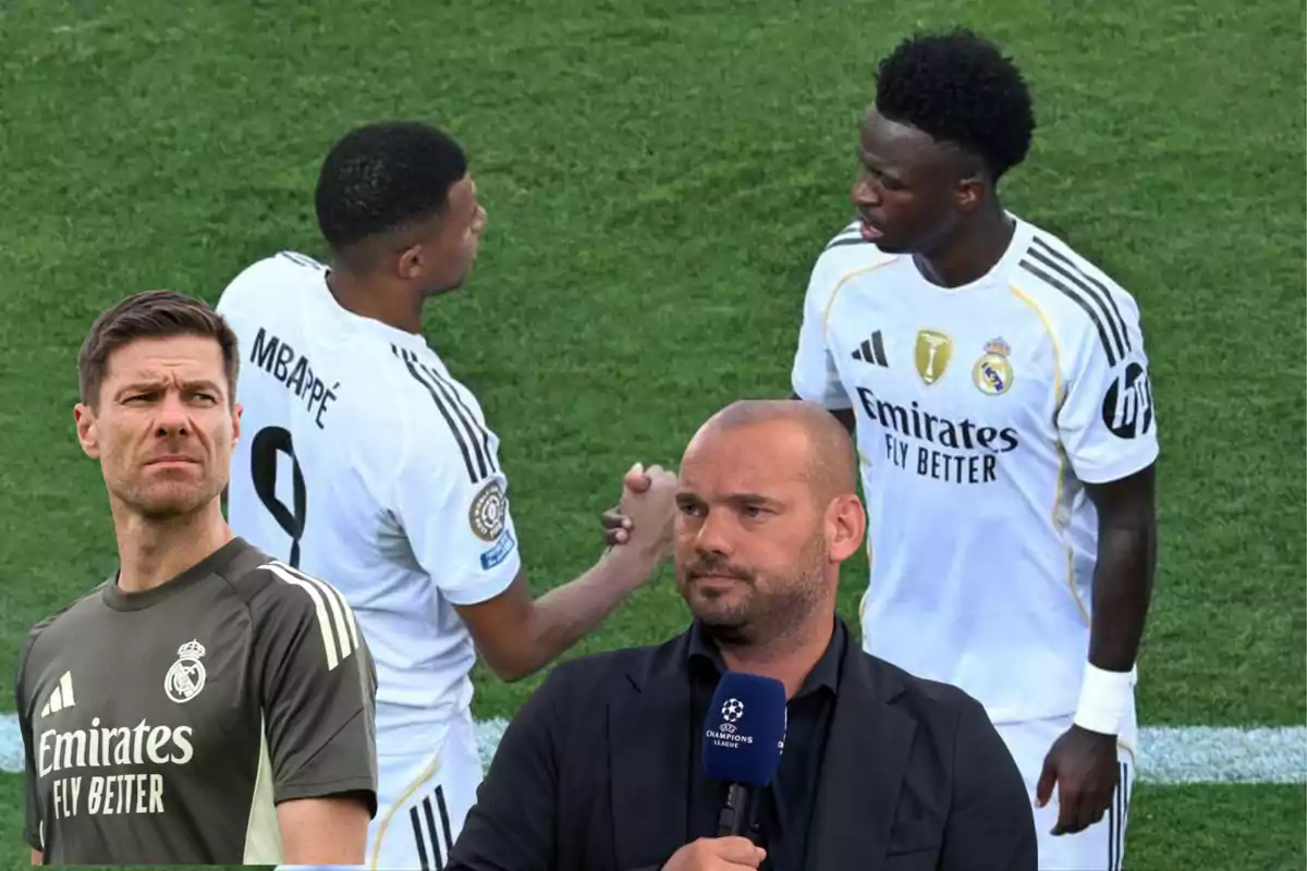 Cuatro personas relacionadas con el fútbol aparecen en un montaje, dos de ellas con uniforme blanco del Real Madrid en el campo y otras dos en primer plano, una con ropa deportiva y otra con micrófono de la Champions League.