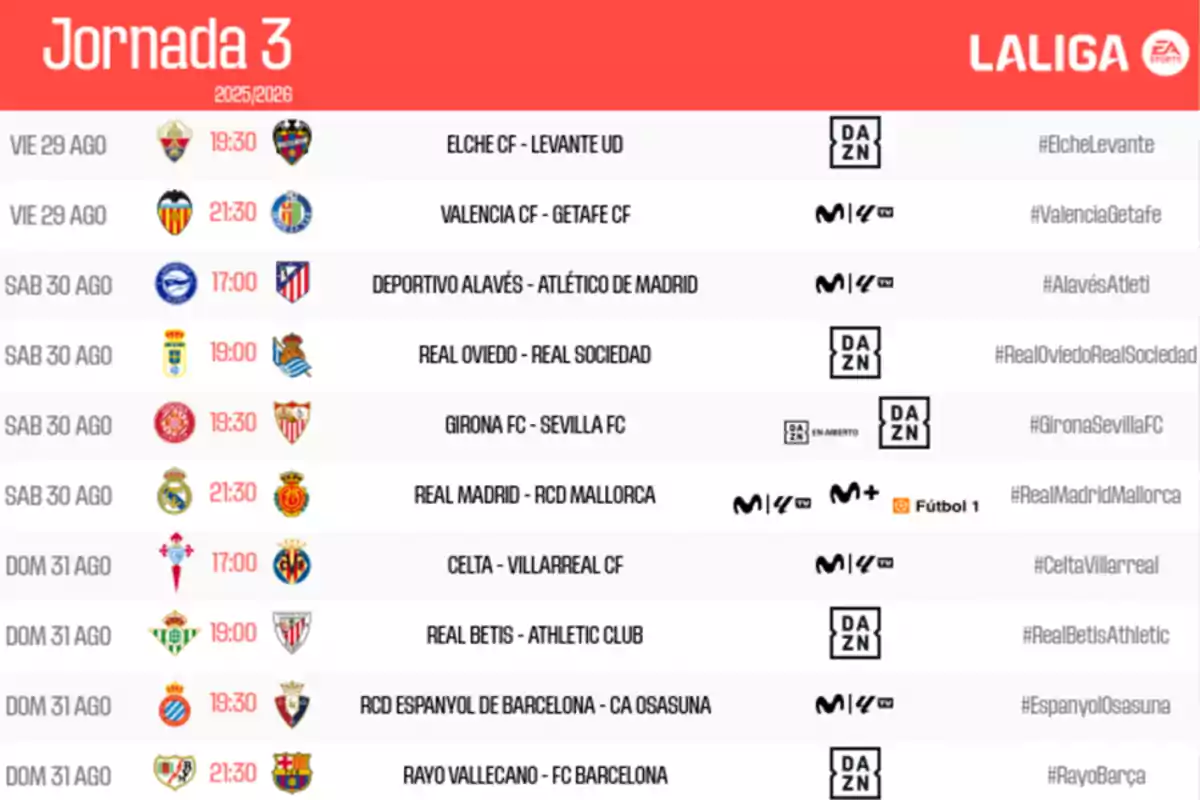 Calendario de la jornada 3 de LaLiga 2025-2026 con los partidos, fechas, horarios, equipos enfrentados, canales de transmisión y hashtags oficiales de cada encuentro Calendario de la jornada 3 de LaLiga 2025-2026 con los partidos, fechas, horarios, equipos enfrentados, canales de transmisión y hashtags oficiales de cada encuentro