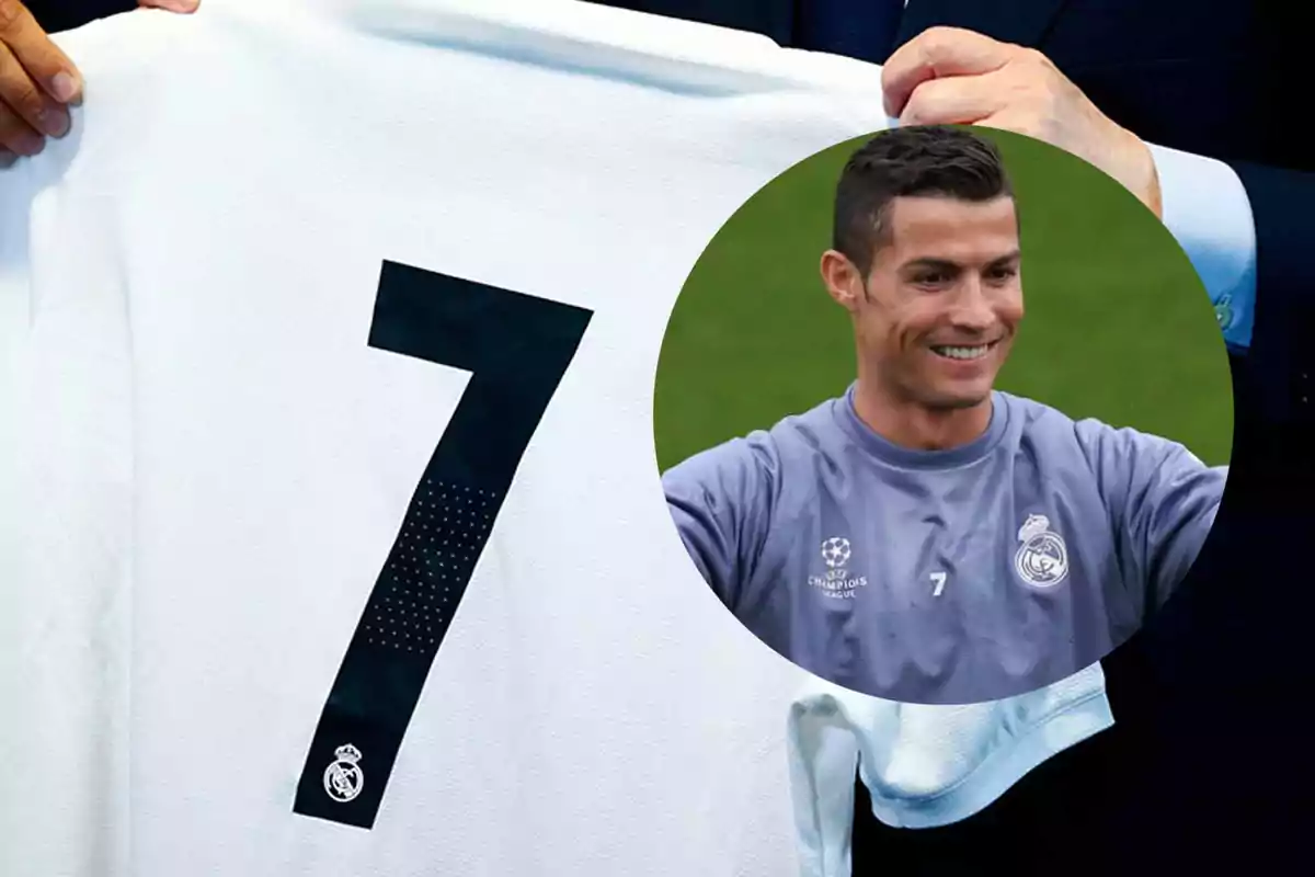 Camiseta blanca del Real Madrid con el número 7 y un jugador sonriente usando ropa de entrenamiento del mismo equipo