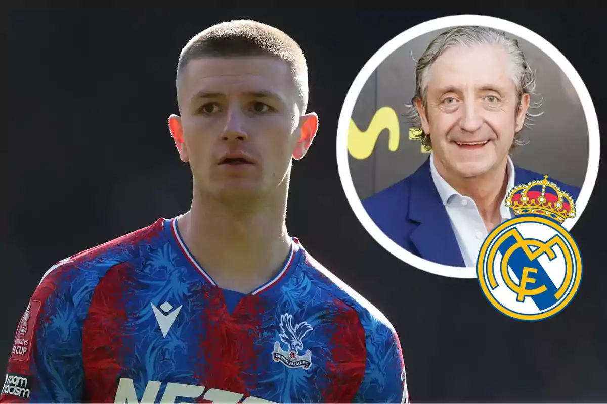 A player wearing the Crystal Palace uniform appears in the foreground, and in the upper right corner there is a box with the face of an older man next to the Real Madrid crest.