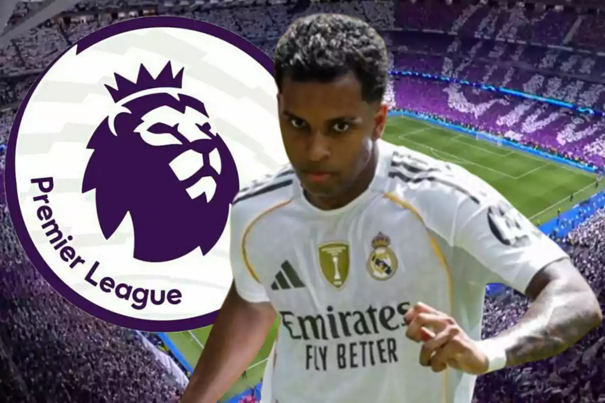 Futbolista del Real Madrid en primer plano con el logo de la Premier League y un estadio lleno de aficionados al fondo
