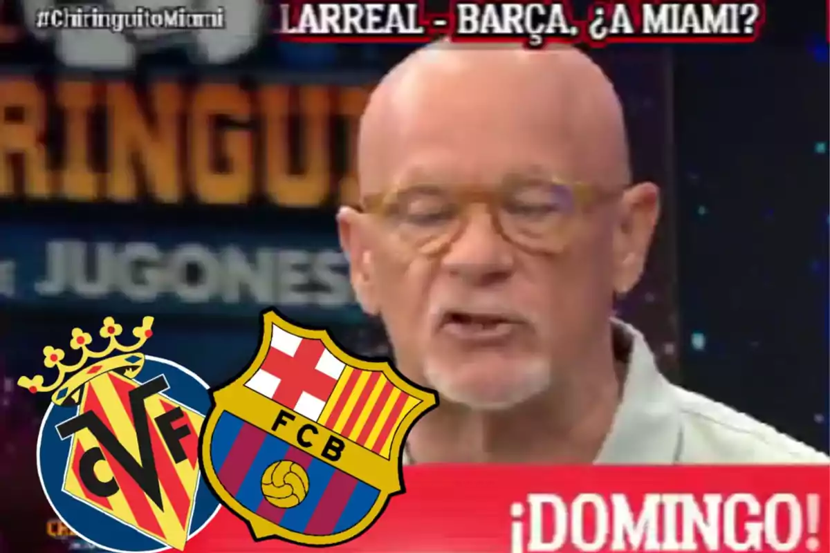 Hombre calvo con gafas hablando en un programa deportivo con los escudos del Villarreal y Barcelona en la esquina y texto que menciona un posible partido en Miami