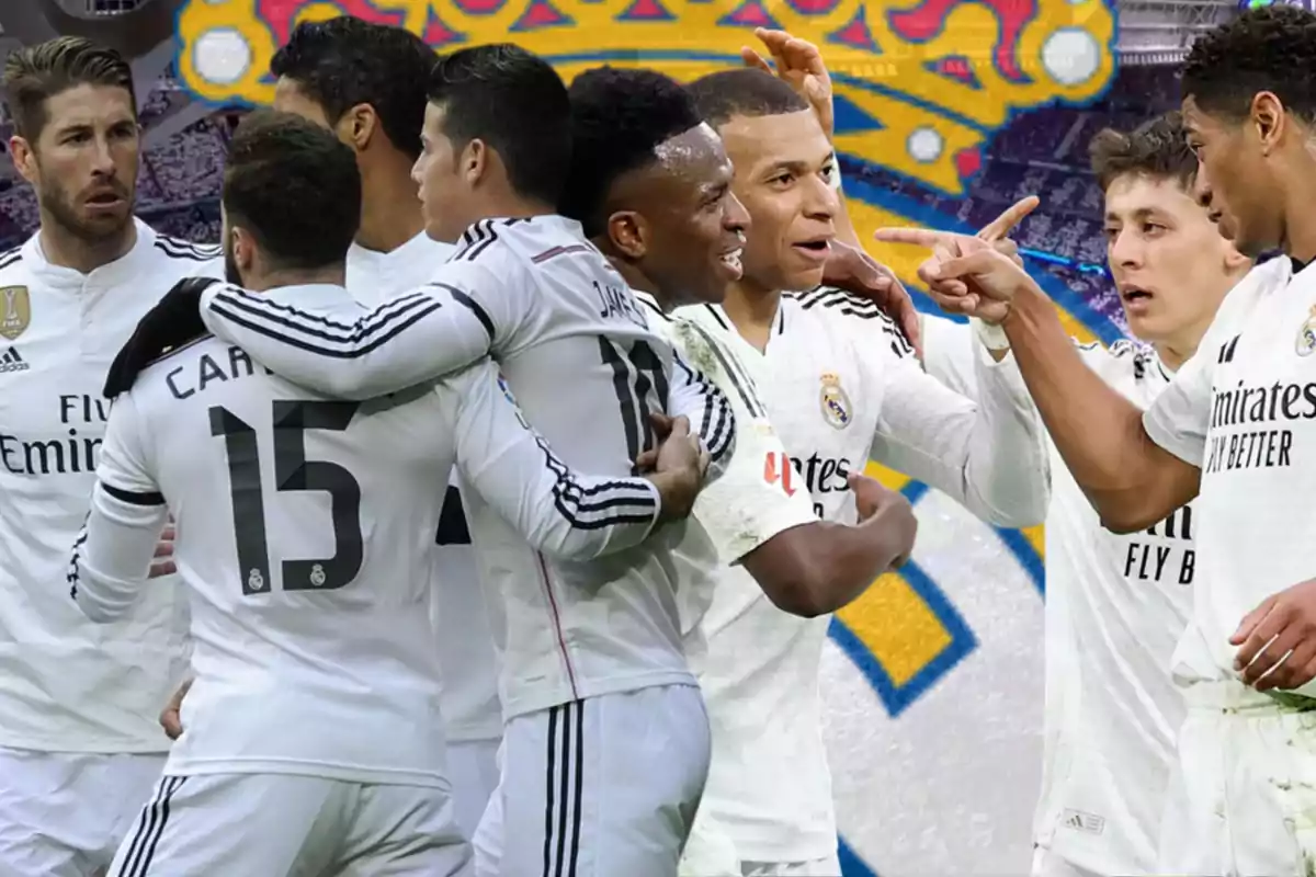 Jugadores del Real Madrid celebrando juntos con el escudo del club de fondo
