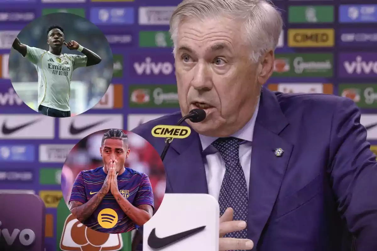 Entrenador de fútbol en conferencia de prensa con fondo de patrocinadores y dos jugadores en círculos superpuestos, uno celebrando y otro con gesto pensativo