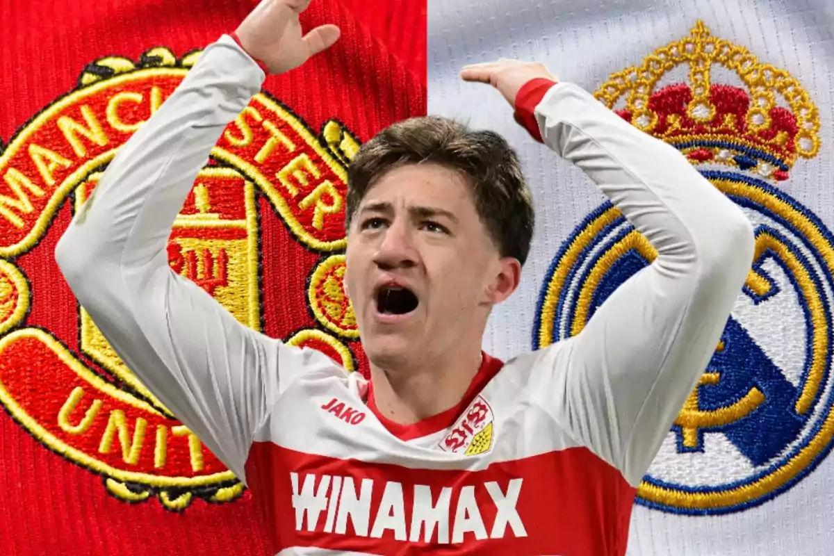 Futbolista celebrando con los escudos de Manchester United y Real Madrid de fondo