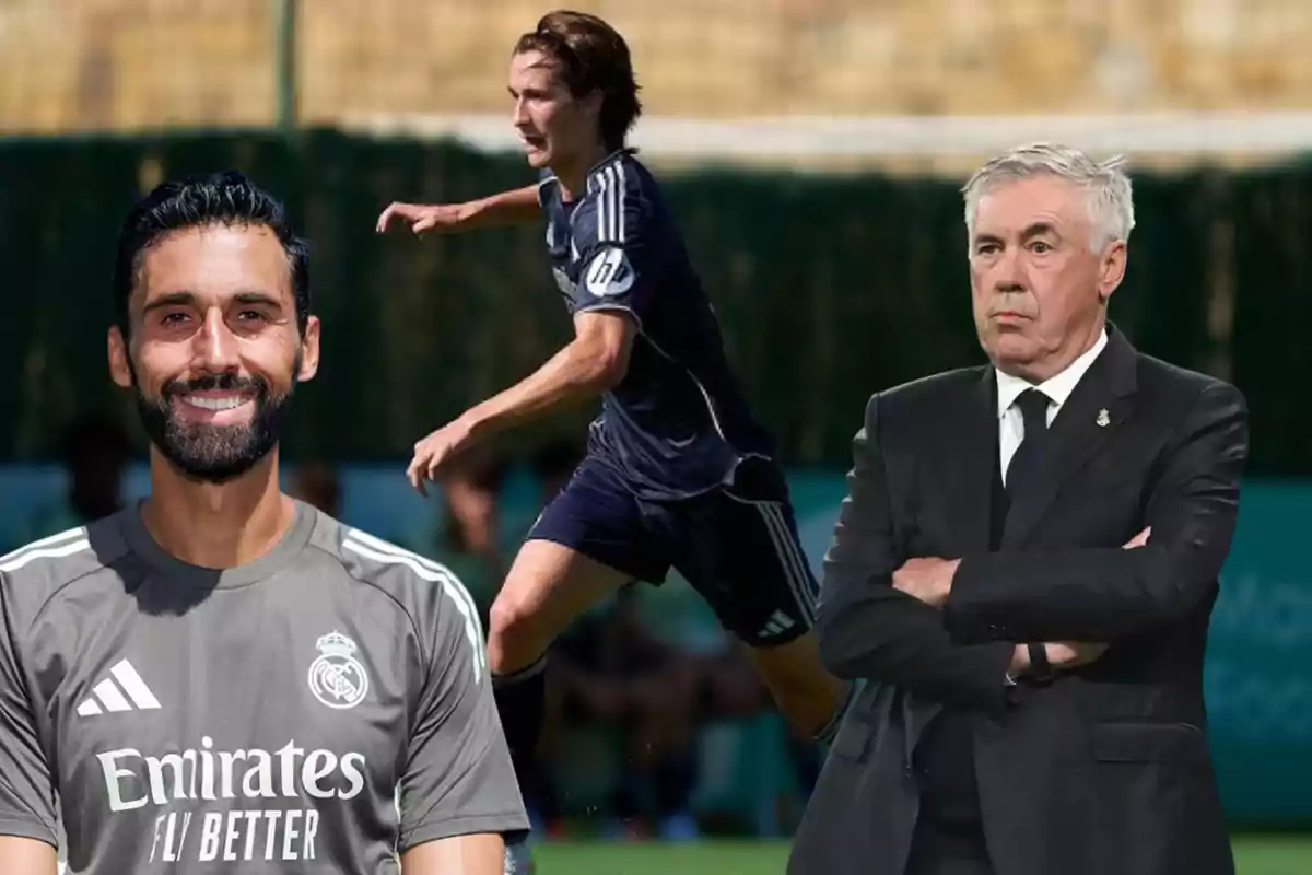 Three people related to Real Madrid appear in the image: one is a player in action and the other two are coaches, one wearing sportswear and the other wearing a suit.