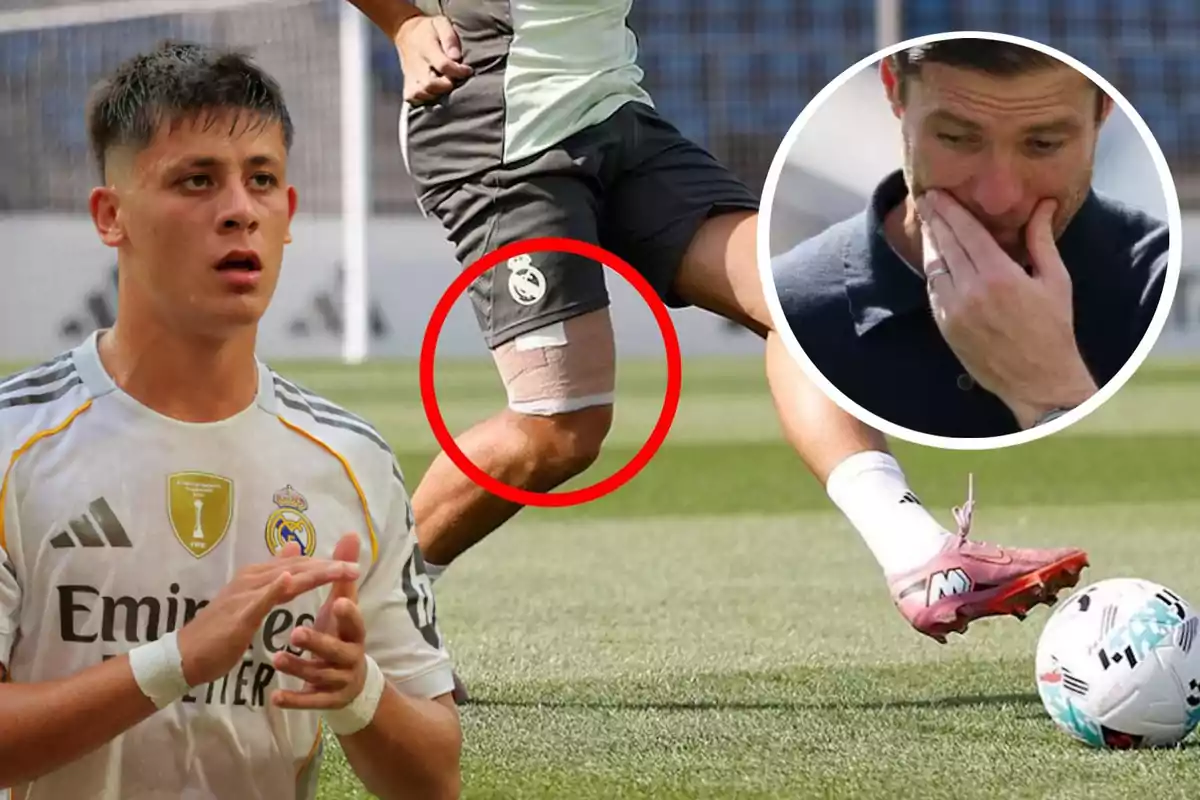 Un joven futbolista del Real Madrid aparece preocupado mientras se muestra una pierna vendada en el campo y un entrenador con gesto serio en un recuadro.