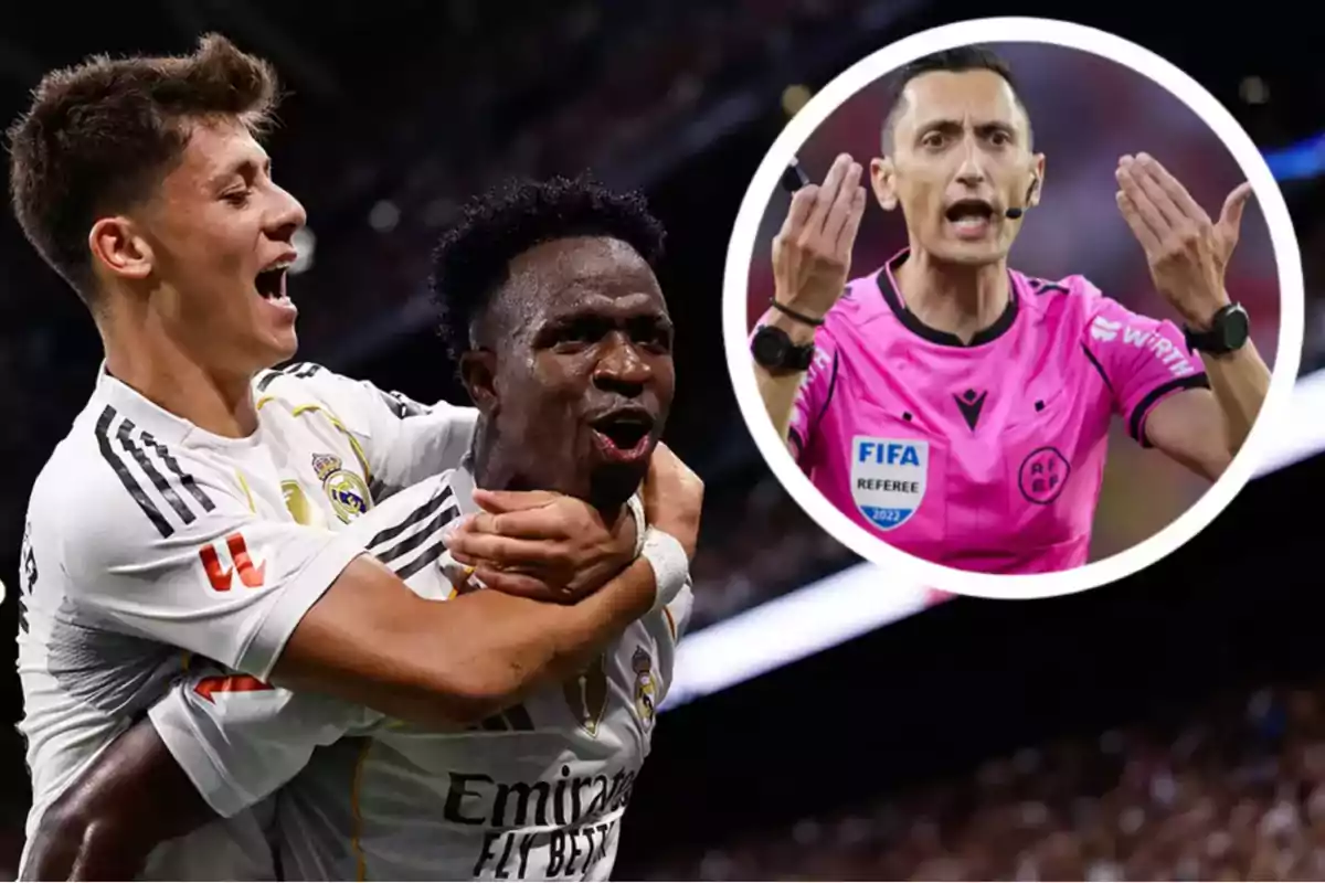 Two Real Madrid players celebrate a goal while, in an inset, a referee dressed in pink gestures during a match.