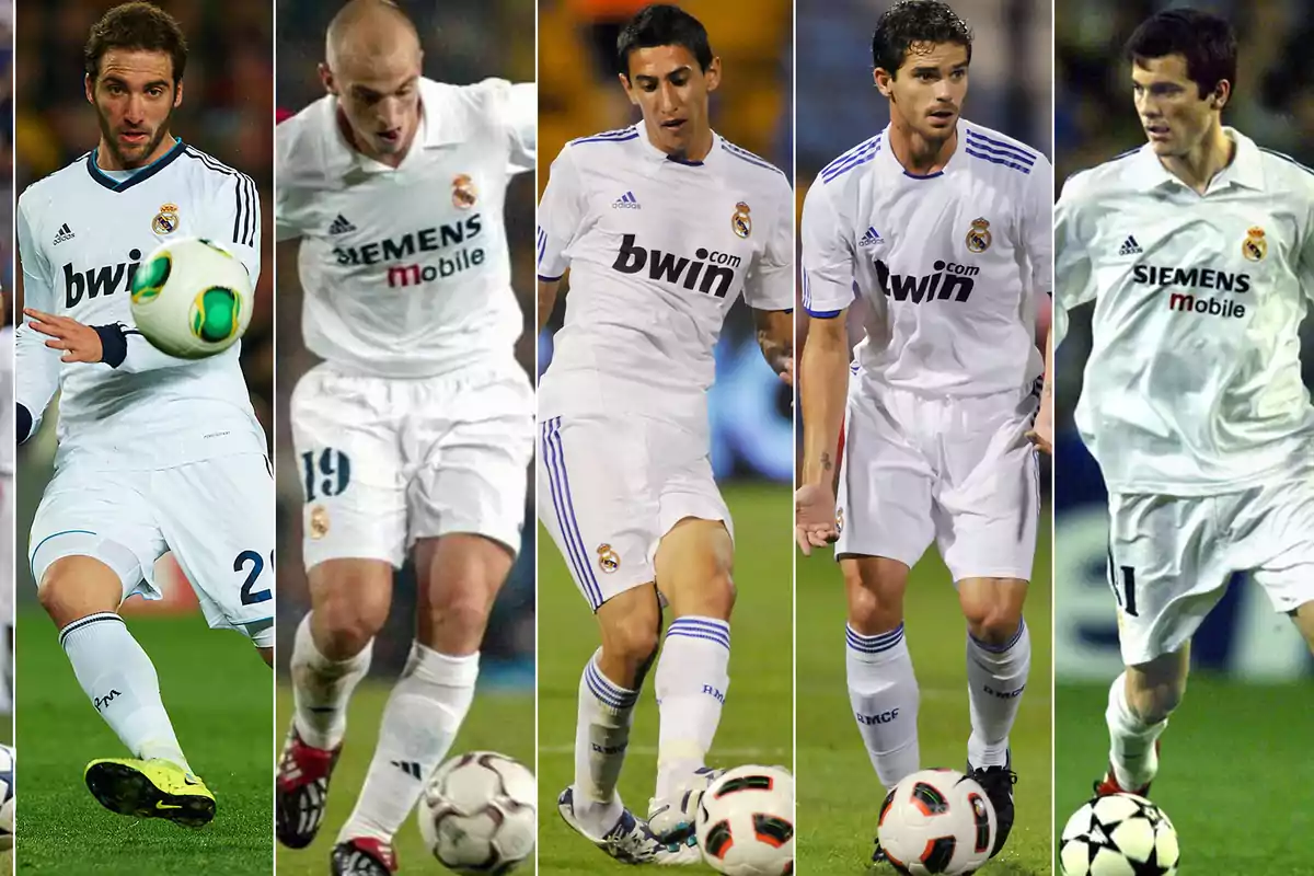 Cinco futbolistas con uniforme blanco del Real Madrid en diferentes partidos controlando el balón en el campo de juego Cinco futbolistas con uniforme blanco del Real Madrid en diferentes partidos controlando el balón en el campo de juego