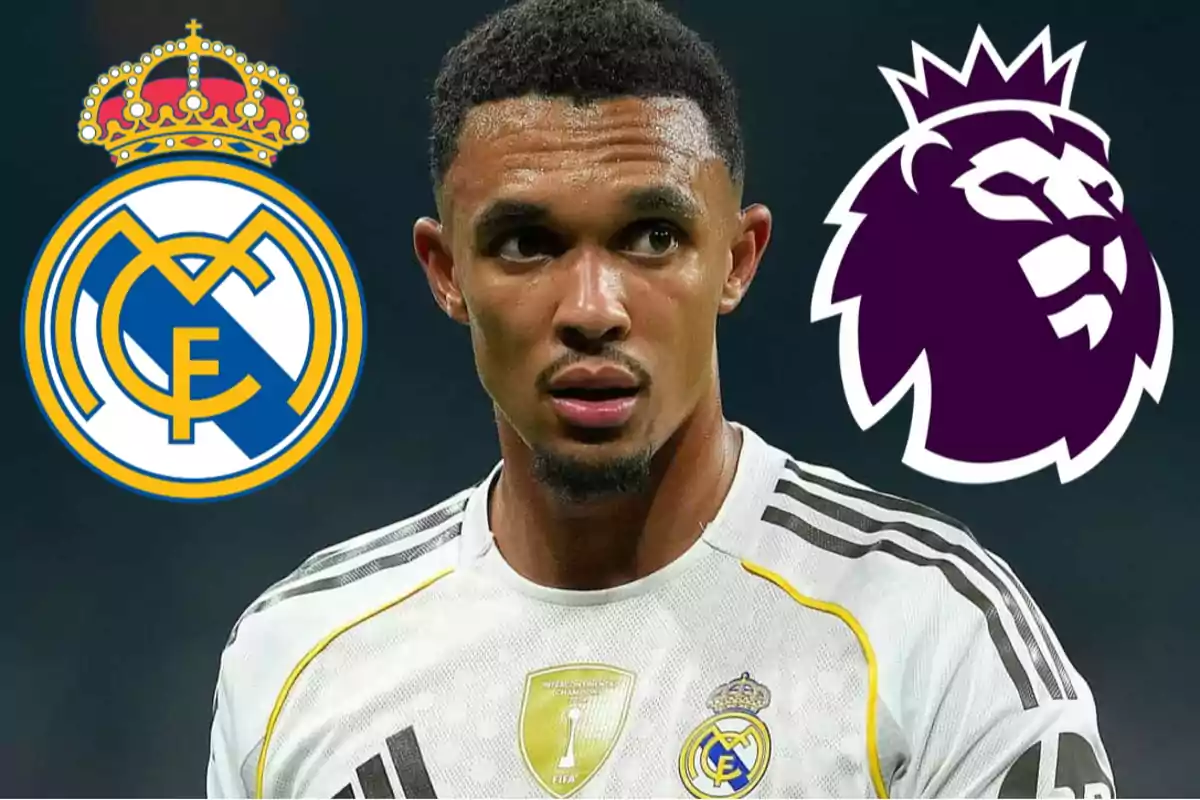 Soccer player wearing a Real Madrid jersey in the center, the Real Madrid crest on the left, and the Premier League logo on the right