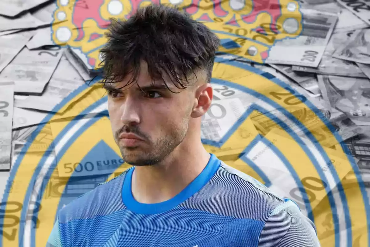 A player wearing a blue jersey appears in the foreground, with the Real Madrid crest and euro bills visible in the background.