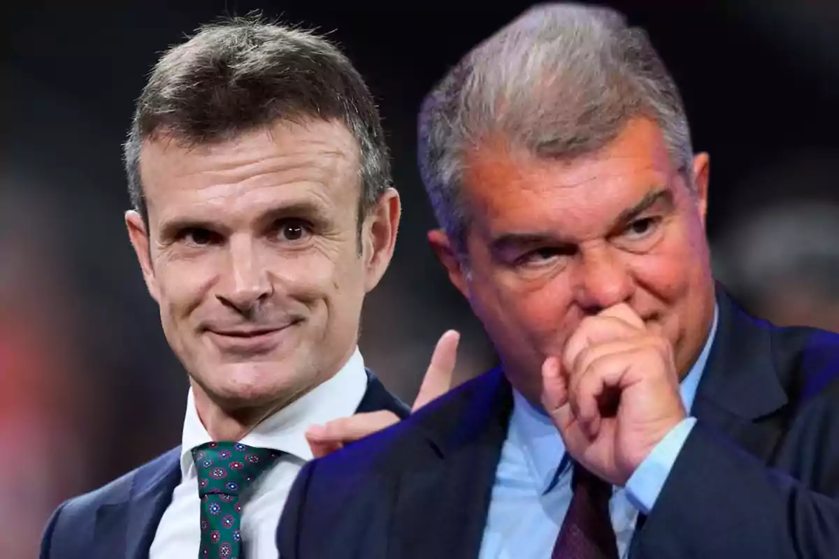 Two men in suits in the foreground, one of them smiling while the other appears thoughtful and covers his mouth with his hand.