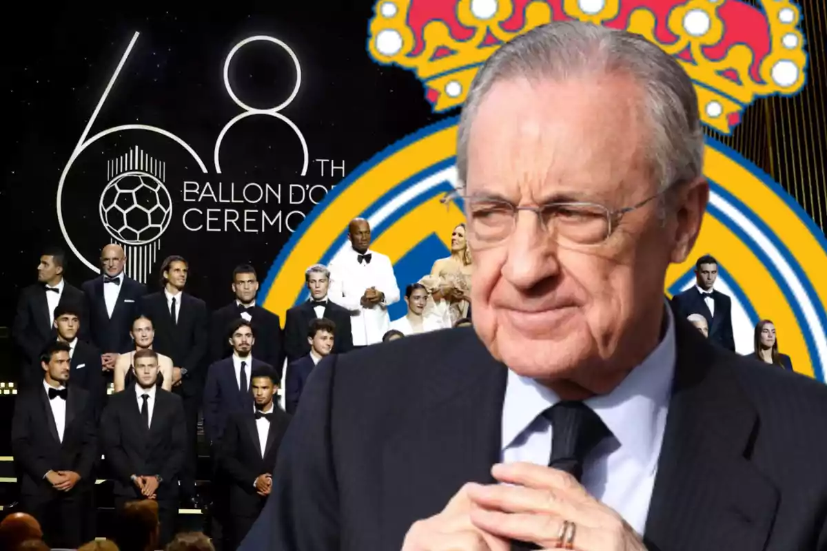 An older man wearing glasses and a suit appears in the foreground, while in the background a group of elegantly dressed people can be seen at a Ballon d'Or ceremony and the Real Madrid crest.