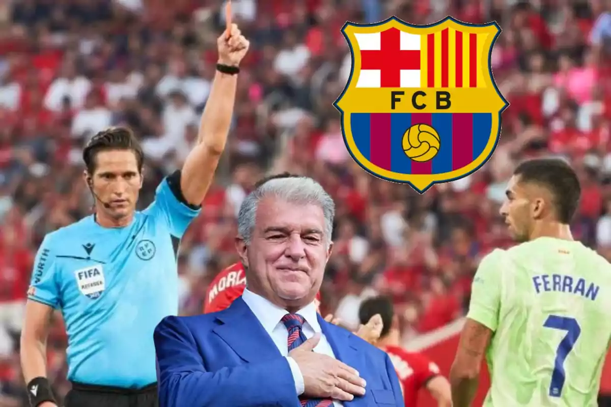 A referee shows a red card during a soccer match, with the FC Barcelona crest in the background, a man in a suit smiling, and a player wearing Ferran's jersey watching the scene.