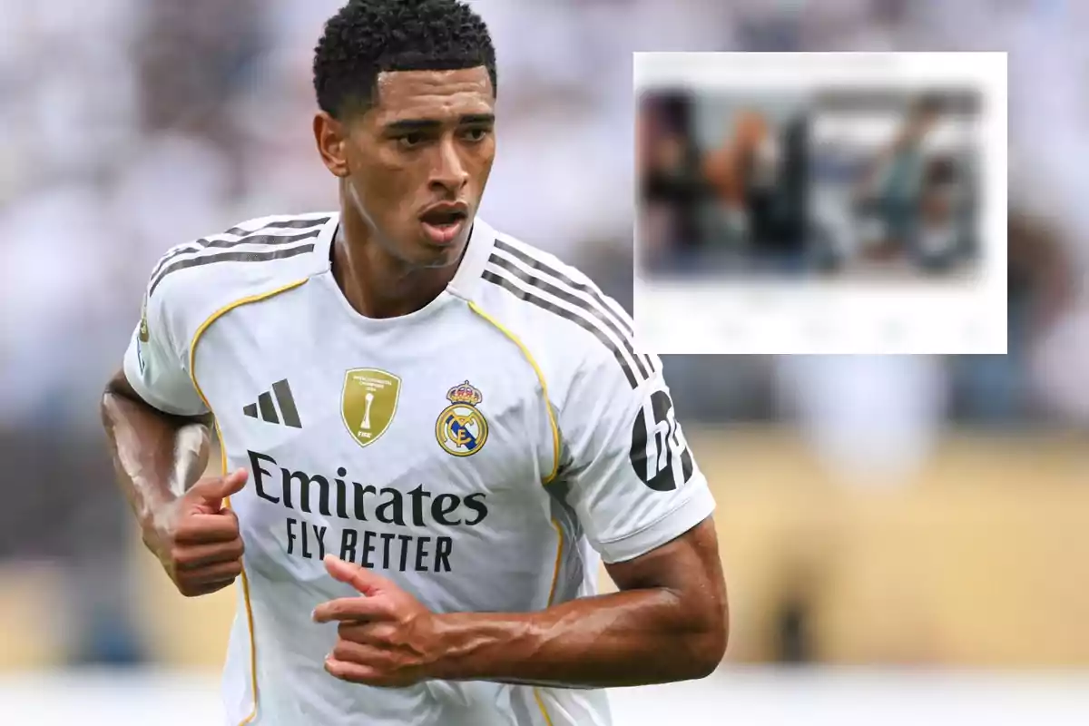 Soccer player in a white Real Madrid uniform running on the field with a blurred background and a blurry box in the upper right corner