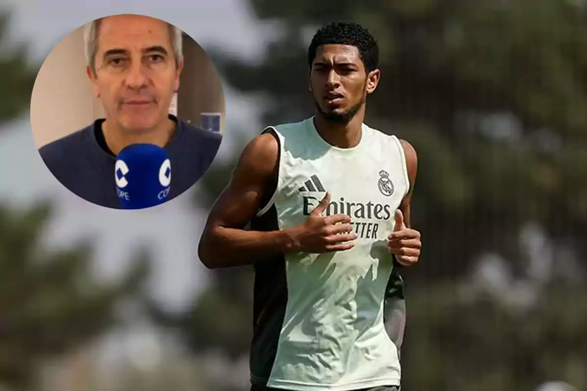 Un futbolista del Real Madrid entrenando al aire libre con un recuadro que muestra a un hombre sosteniendo un micrófono de la cadena COPE.