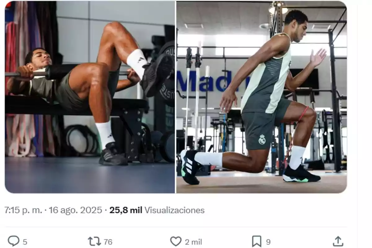 Real Madrid player training in the gym, performing strength and endurance exercises Real Madrid player training in the gym, performing strength and endurance exercises