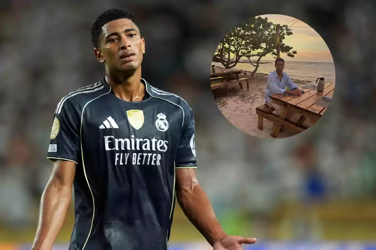Soccer player in a dark Real Madrid uniform in the foreground, and in the upper right corner a circular frame shows a man sitting at a wooden table by the sea at sunset.