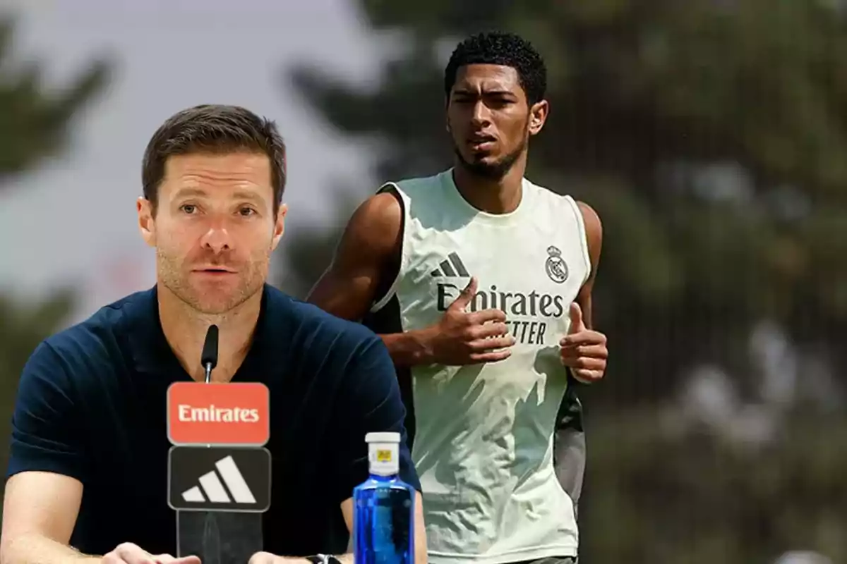 A man speaking at a press conference and a player training in a Real Madrid uniform in the background