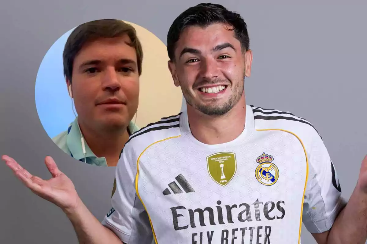 Un hombre sonriente con la camiseta del Real Madrid y los brazos extendidos, al fondo aparece el rostro de otra persona en un círculo.