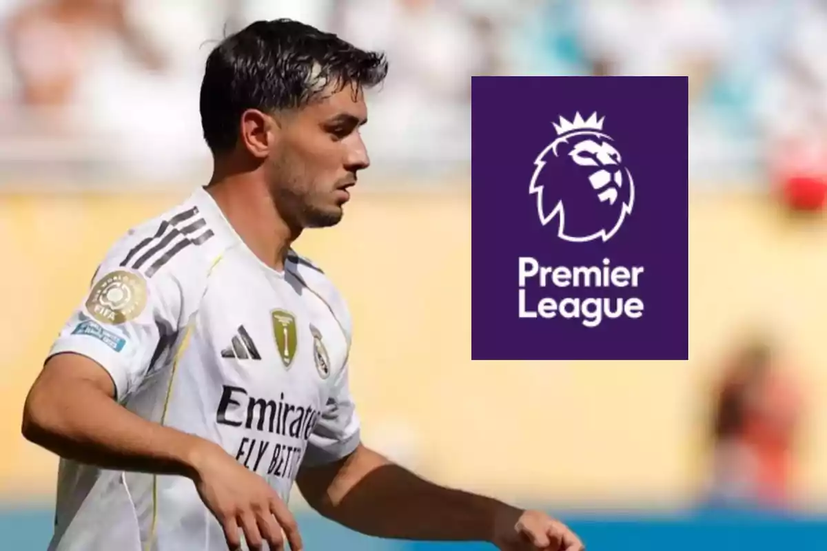Futbolista del Real Madrid en acción con el logo de la Premier League al fondo