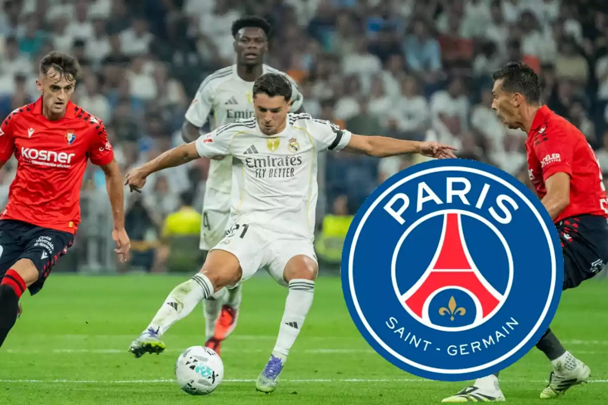 Soccer players in action during a match with the PSG crest superimposed in the foreground