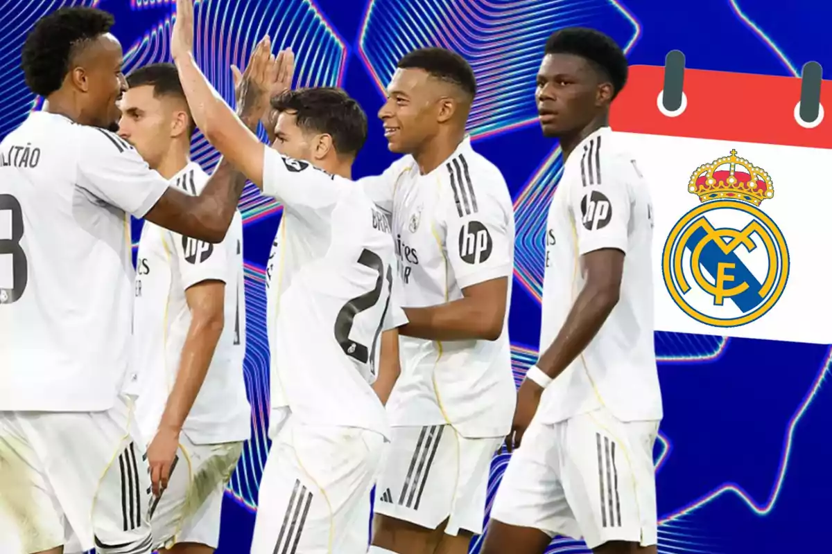 Real Madrid players celebrating with a blue background and the club crest on the right