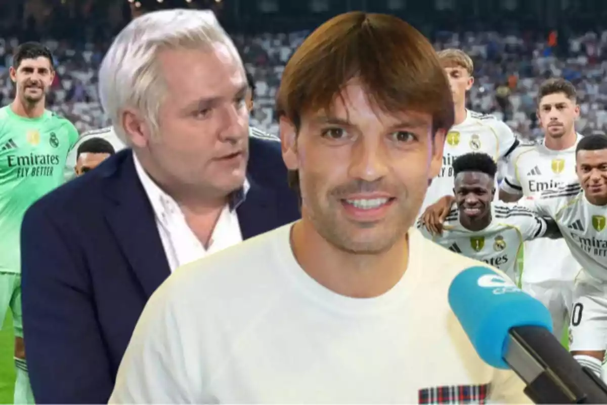 A smiling man with a microphone in the foreground, another blond-haired man behind him, and several Real Madrid players in the background at a stadium