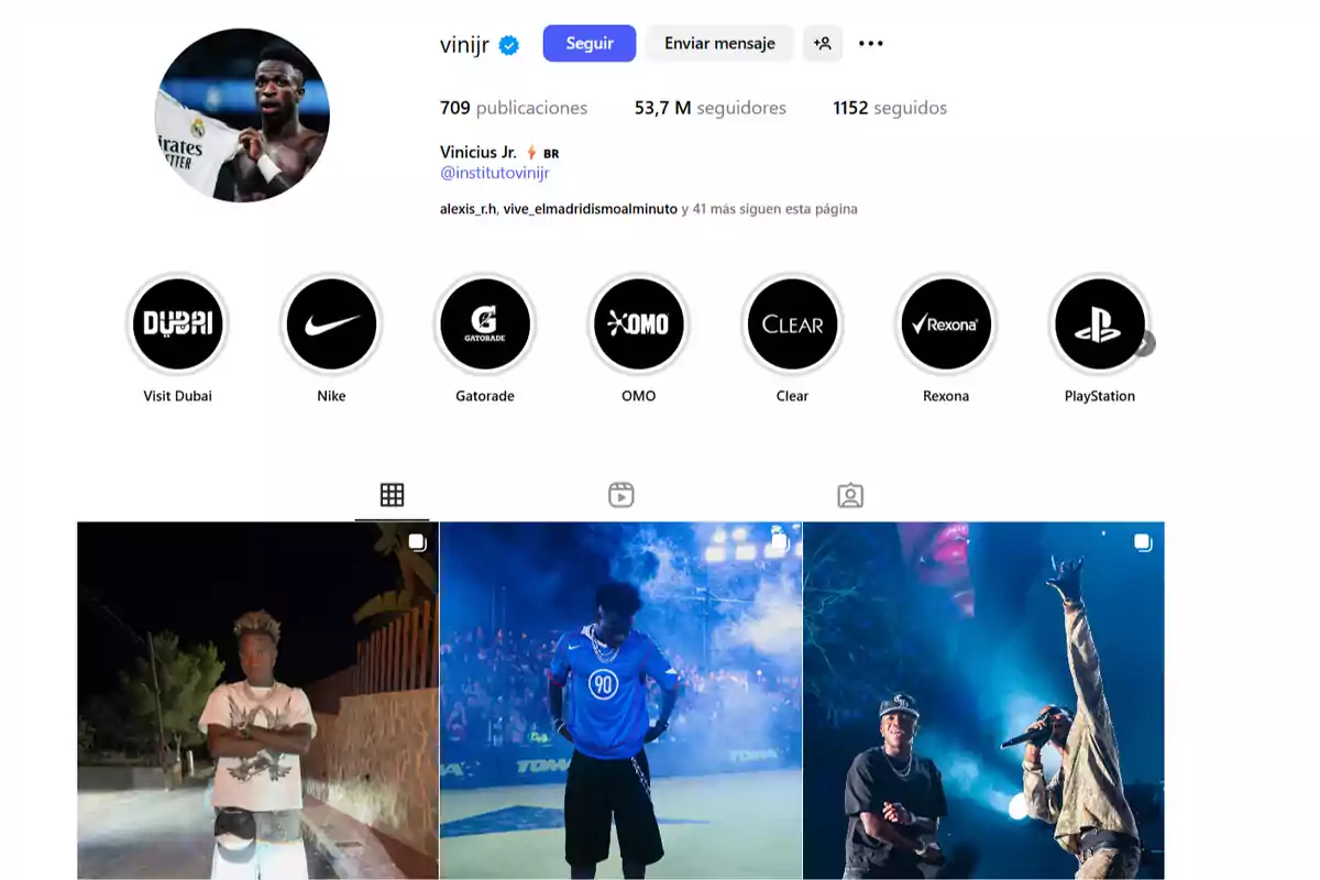 Instagram profile of a famous player with a profile picture in a white uniform, over 53 million followers, several highlighted stories from well-known brands, and three recent posts at the bottom Instagram profile of a famous player with a profile picture in a white uniform, over 53 million followers, several highlighted stories from well-known brands, and three recent posts at the bottom