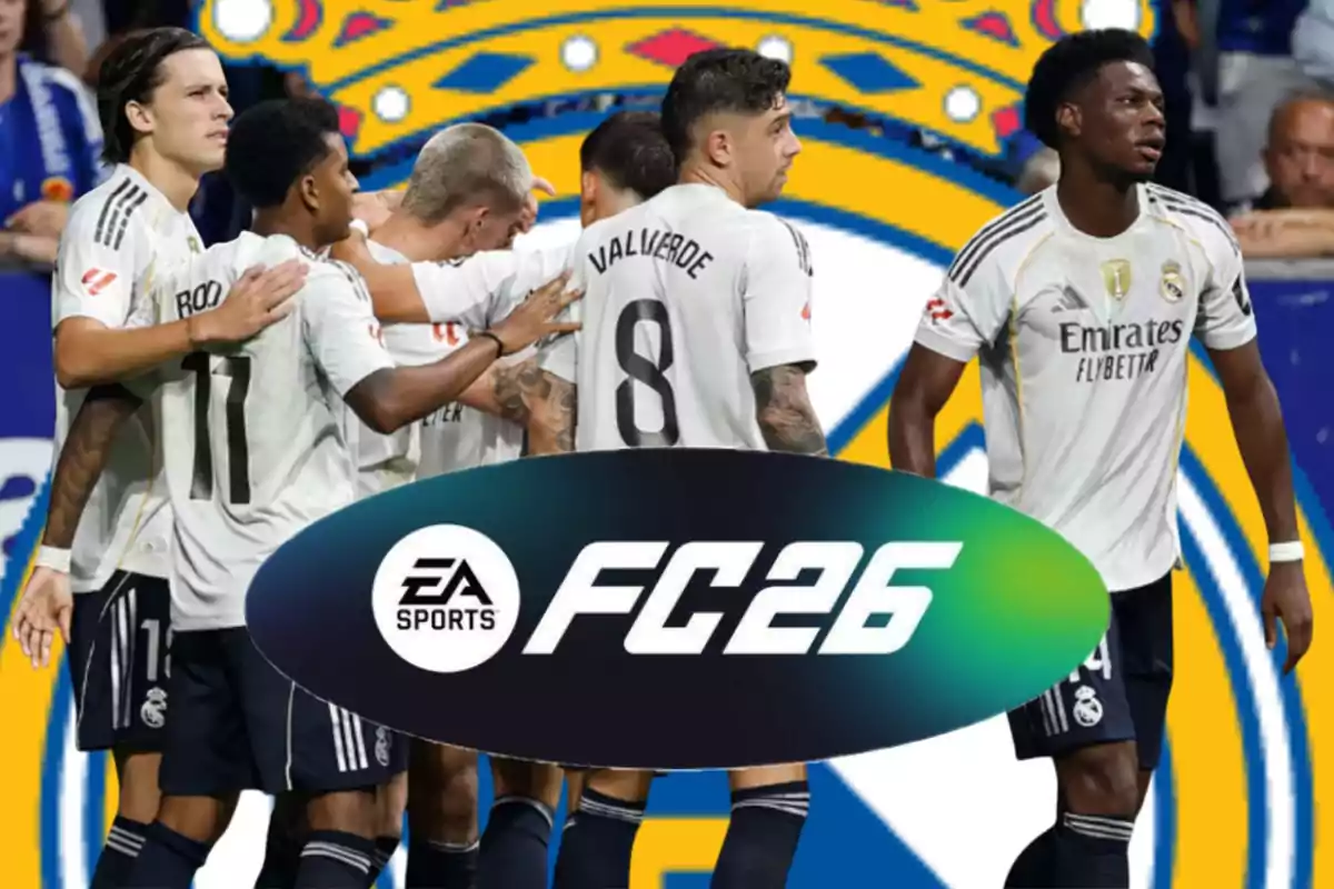 Real Madrid players celebrating with the EA Sports FC 26 logo in front and the club crest in the background