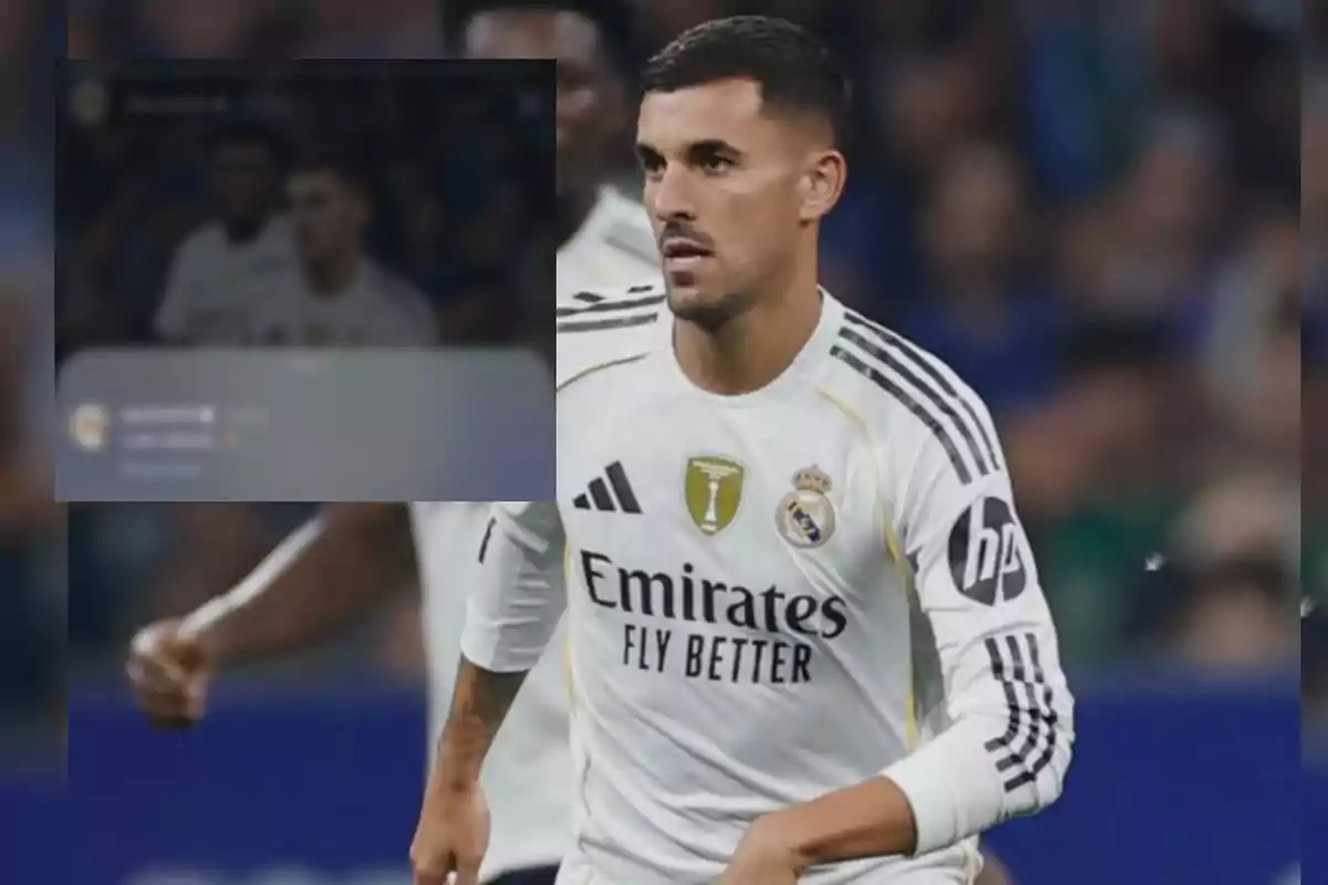 Futbolista del Real Madrid con uniforme blanco en el campo de juego y un recuadro borroso en la esquina superior izquierda de la imagen.