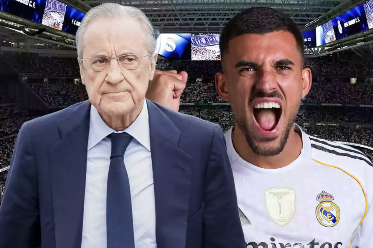 Dos hombres en un estadio de fútbol uno con traje y expresión seria y otro con camiseta del Real Madrid celebrando efusivamente