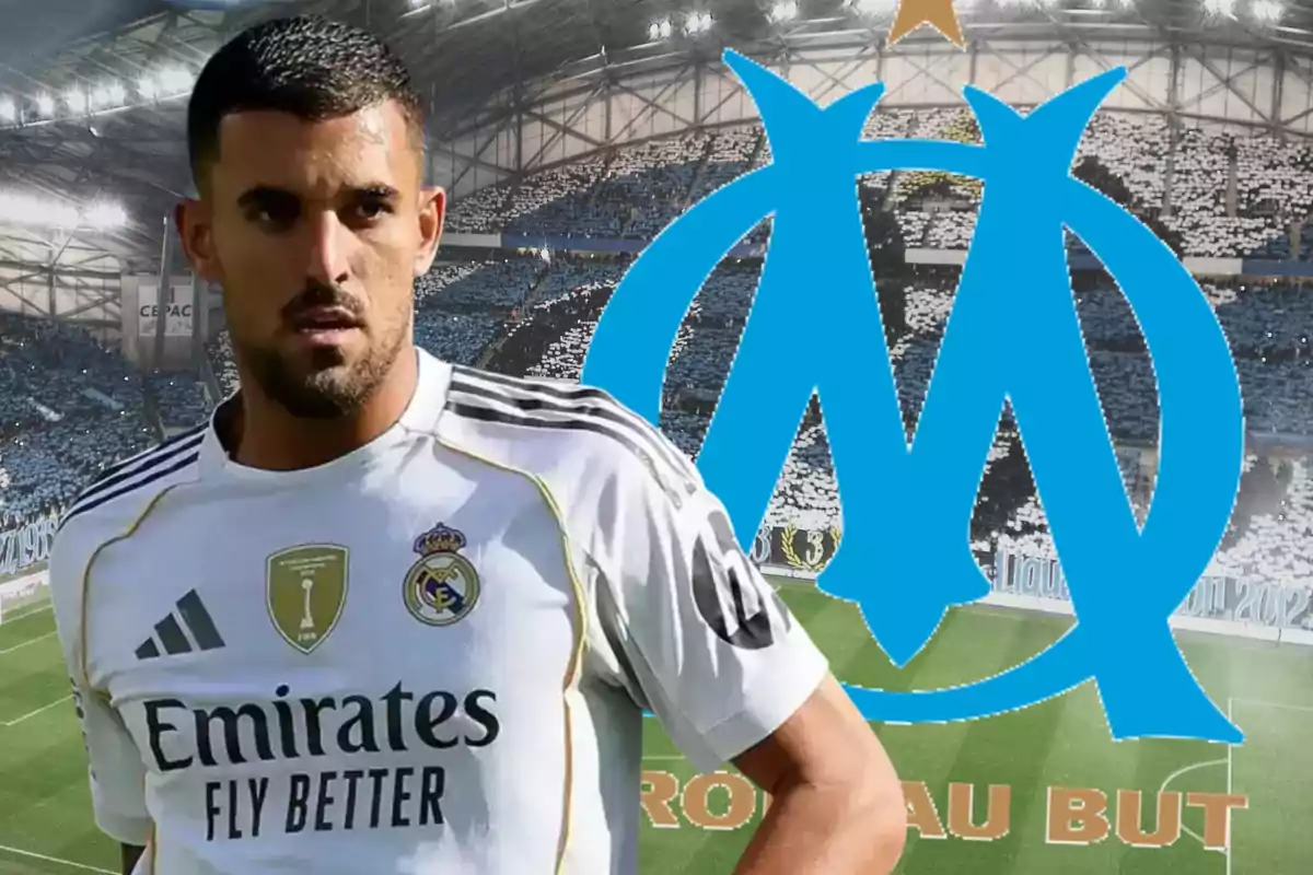 Soccer player wearing a Real Madrid jersey in a stadium with the Olympique de Marseille crest in the background