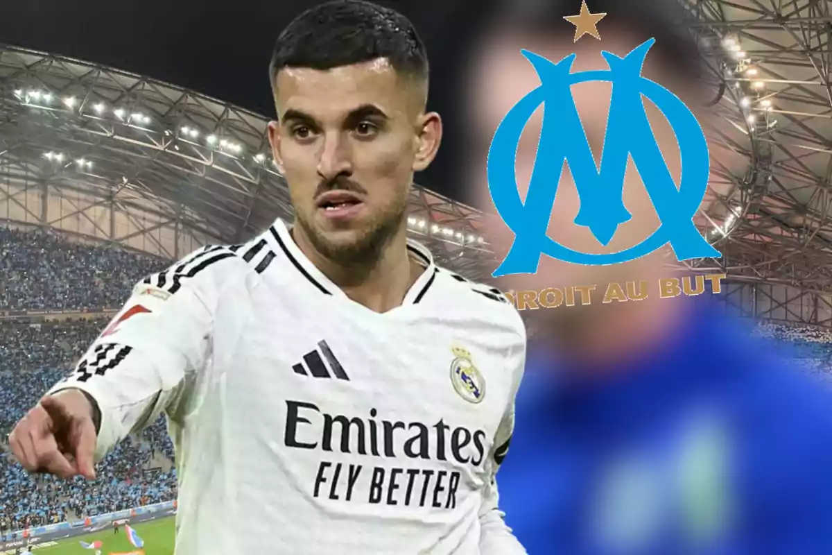 Futbolista del Real Madrid en primer plano con el logo del Olympique de Marsella al fondo en un estadio lleno de aficionados