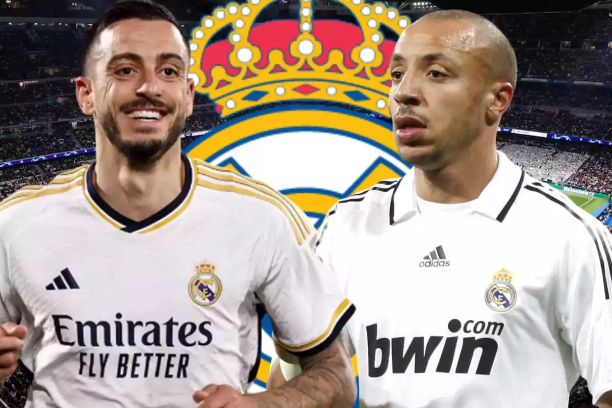 Two players in Real Madrid uniforms pose in front of the club’s crest in a stadium full of fans.