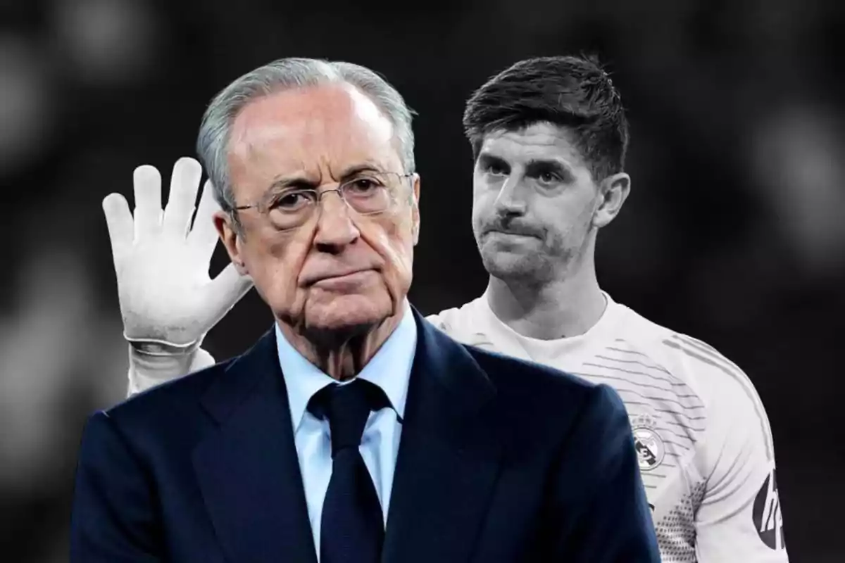 Hombre de traje con expresión seria en primer plano y un portero de fútbol al fondo levantando la mano