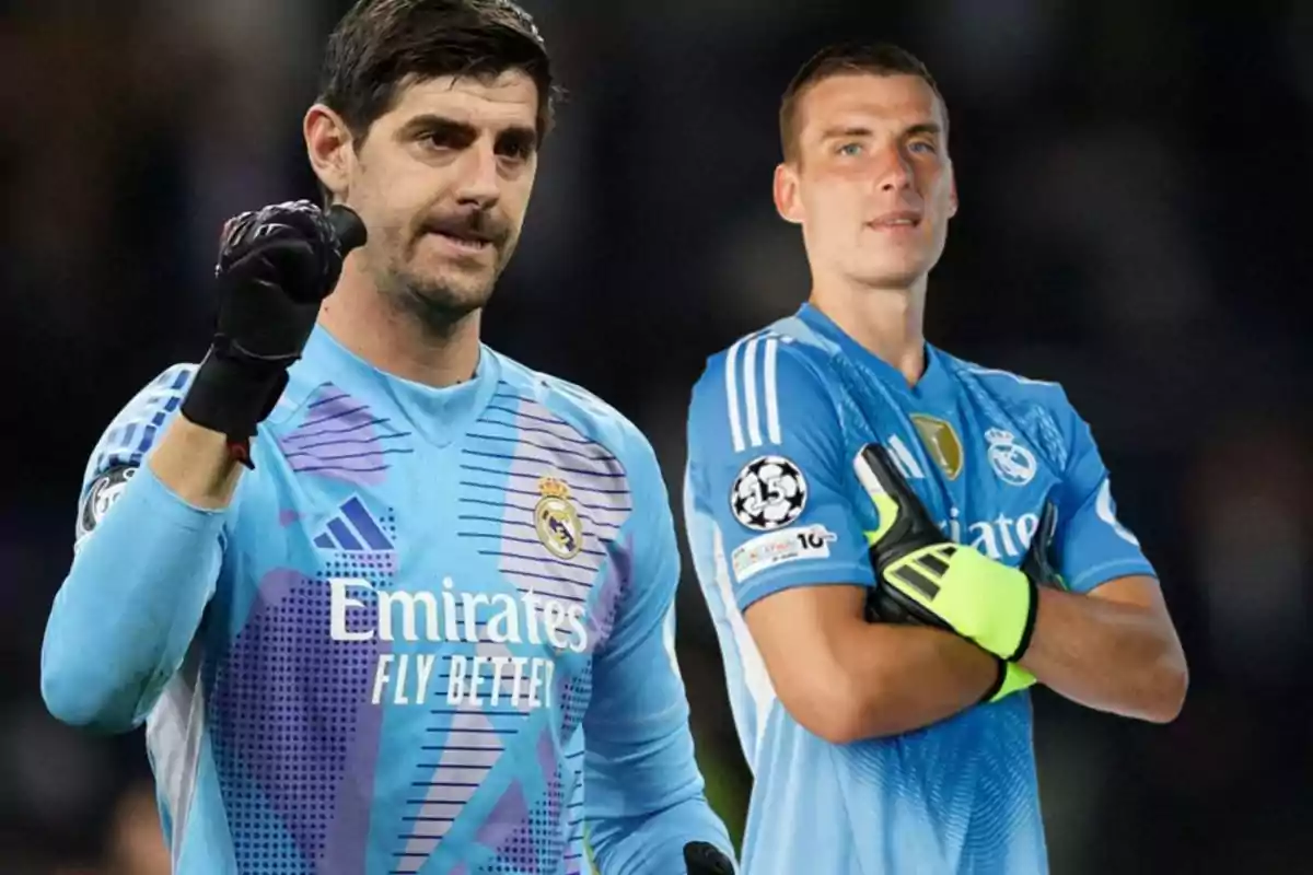 Two Real Madrid goalkeepers pose in their sky-blue uniforms and gloves, one with his fist raised and the other with his arms crossed.