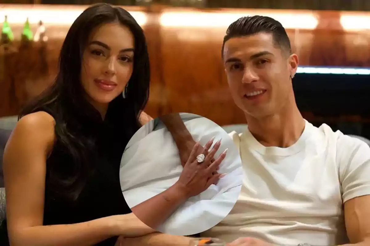 Couple sitting together smiling with an inset showing a female hand with a large ring holding a male hand on a white sheet