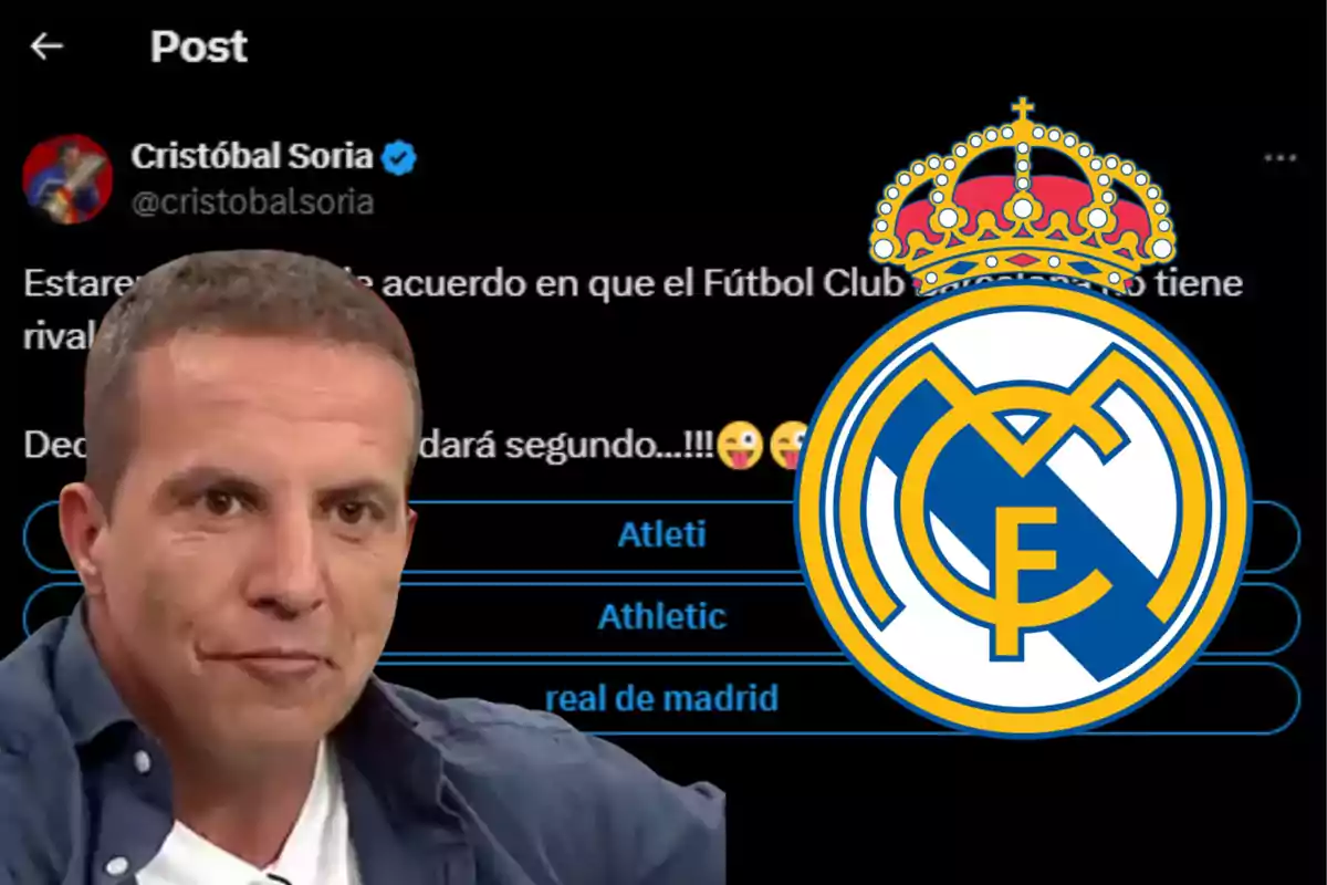 Cristóbal Soria con expresión seria frente a un tuit suyo sobre el fútbol, acompañado de una encuesta y el escudo grande del Real Madrid cubriendo parte de la imagen.