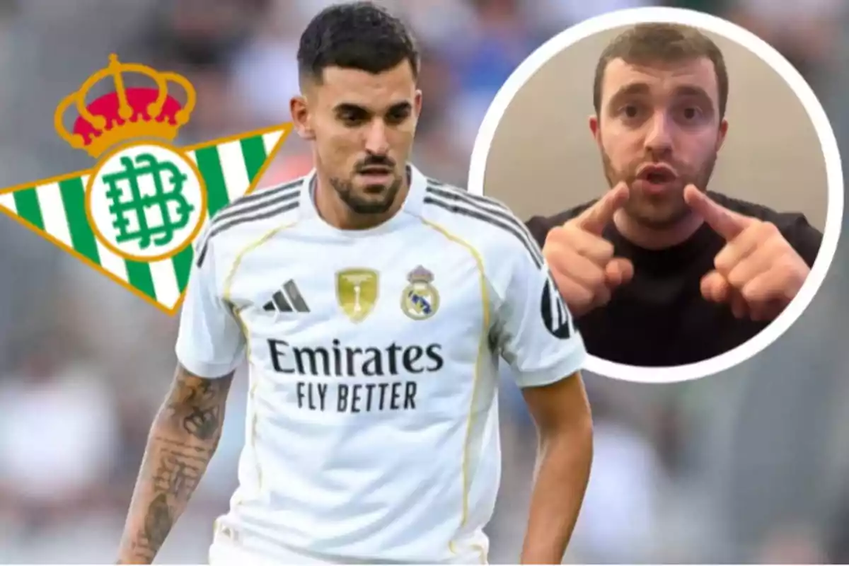 Soccer player in a white Real Madrid uniform in the foreground with the Real Betis crest in the background and a man pointing forward inside a circle in the top right corner