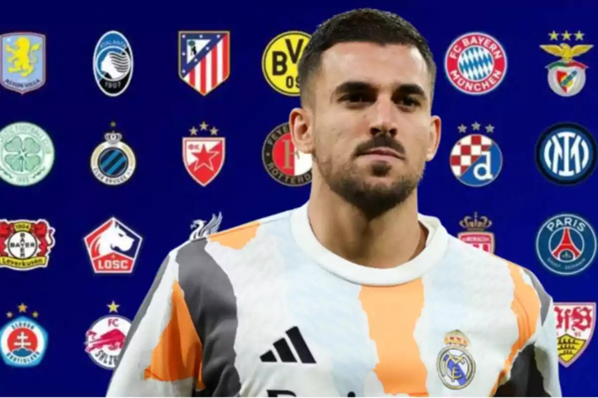 Futbolista con uniforme del Real Madrid posando frente a un fondo azul lleno de escudos de diferentes equipos europeos