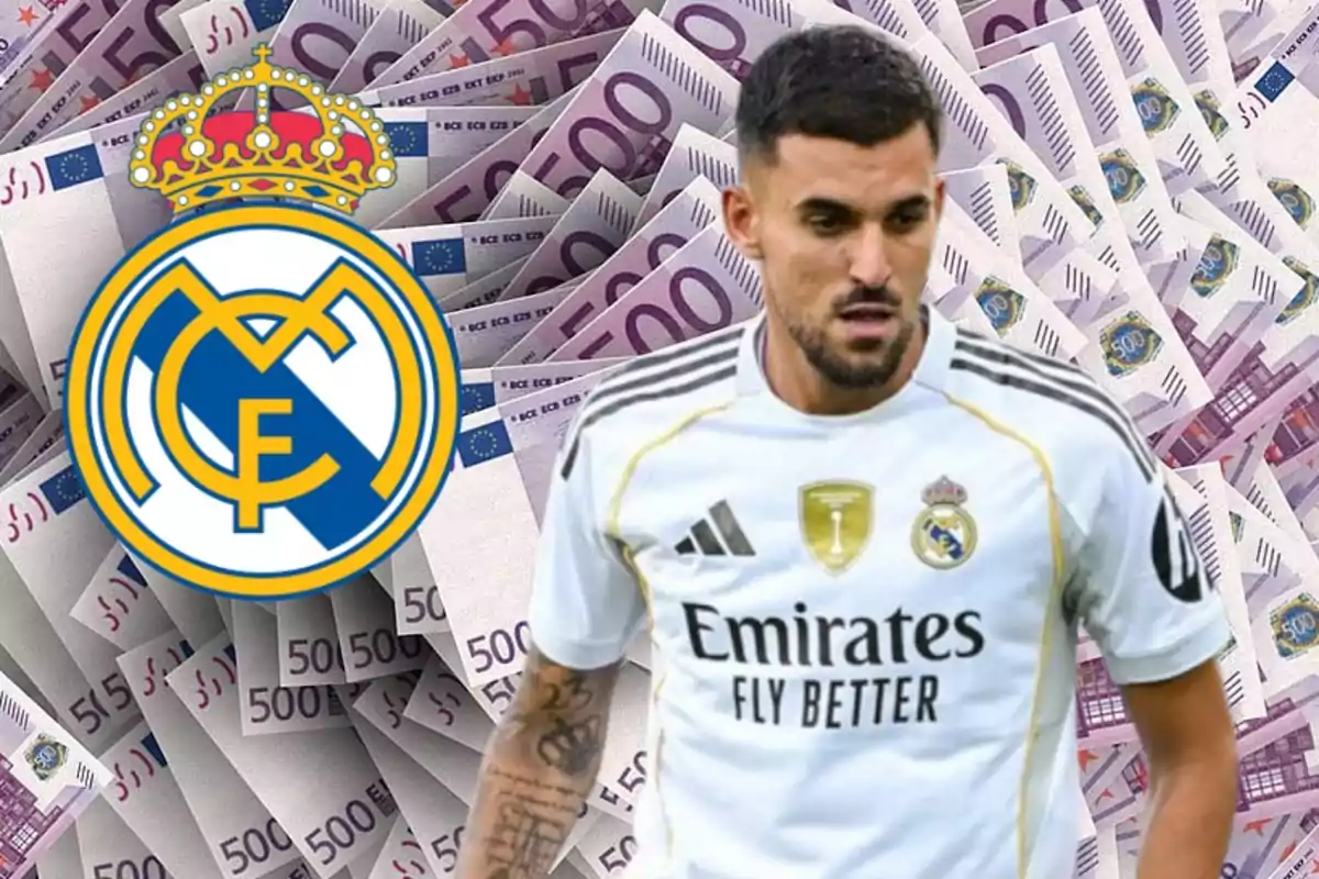 Futbolista del Real Madrid con fondo de billetes de 500 euros y el escudo del club